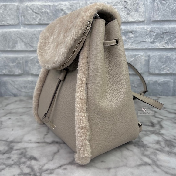 Kate Spade Leila Medium Flap Backpack Faux Shearling In Light Sand - Picture 3 of 11